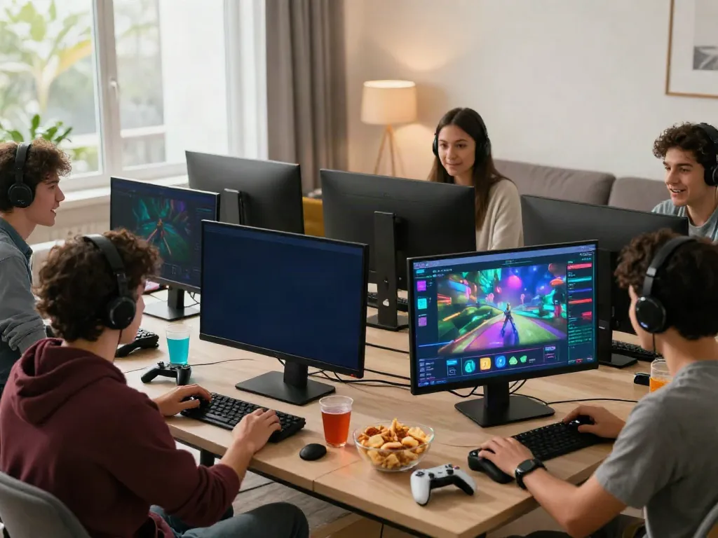 Kilat 404 gaming scene with friends engaged in online fun, showcasing vibrant games and a cozy atmosphere.