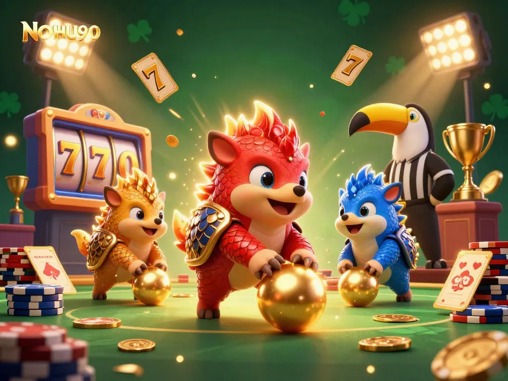 NOHU90 pangolins rolling golden balls in a vibrant, dynamic casino scene filled with excitement and luck.