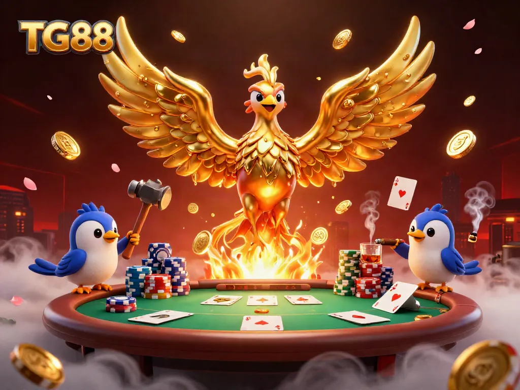 Witness TG88's stunning 3D illustration featuring a molten metal phoenix and vibrant casino elements.