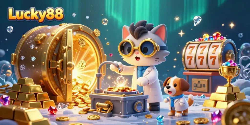 Experience thrilling gameplay at Lucky88 with a vibrant 3D casino illustration bursting with treasures.