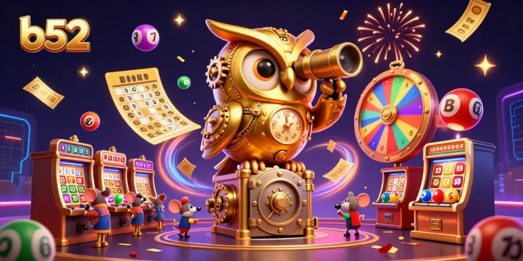 Engage with B52's lively casino scene highlighted by a golden owl and animated slot machines.