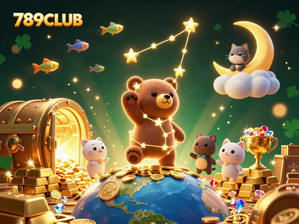 Engage with the vibrant 789CLUB universe, featuring a golden constellation bear and treasures.
