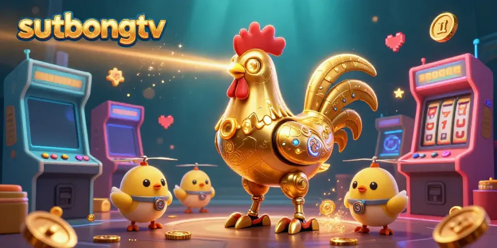 Experience sutbongtv's vibrant gaming atmosphere with a golden rooster robot and arcade machines in 3D.