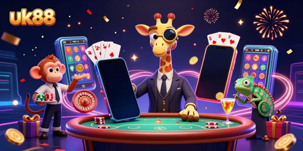 Experience high-stakes action at uk88 with a giraffe, monkey, and chameleon at a vibrant casino table.