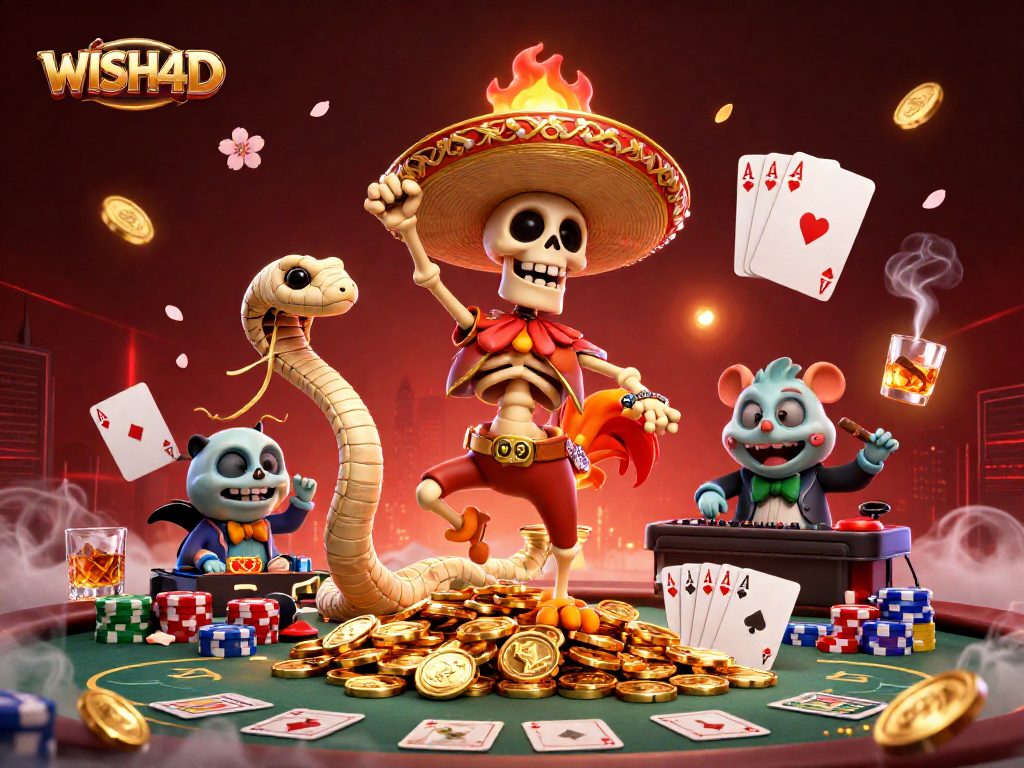 WISH4D showcases a vibrant casino scene featuring a festive skeleton mariachi, mummy snake, and DJ hamster.