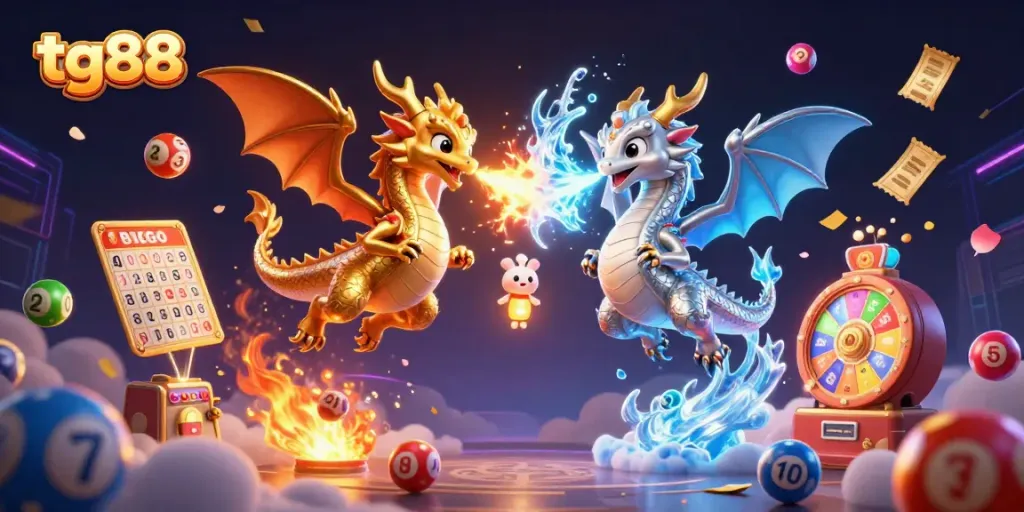 Experience thrilling action with tg88 as vibrant lottery balls and golden tickets surround dynamic dragons in flight.
