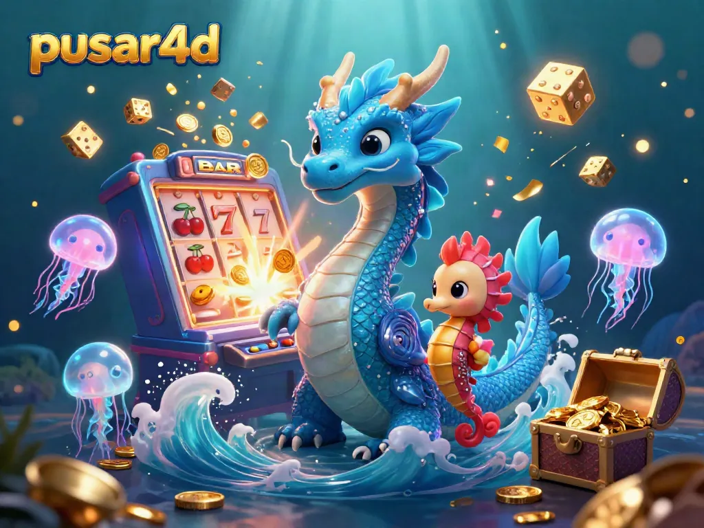 Experience winnings at pusar4d with a vibrant 3D casino scene featuring a water dragon, slot machine, and glowing jellyfish.