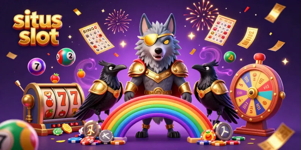 Permainan situs slot yang seru dengan simbol keberuntungan dan karakter menarik di latar kontras.