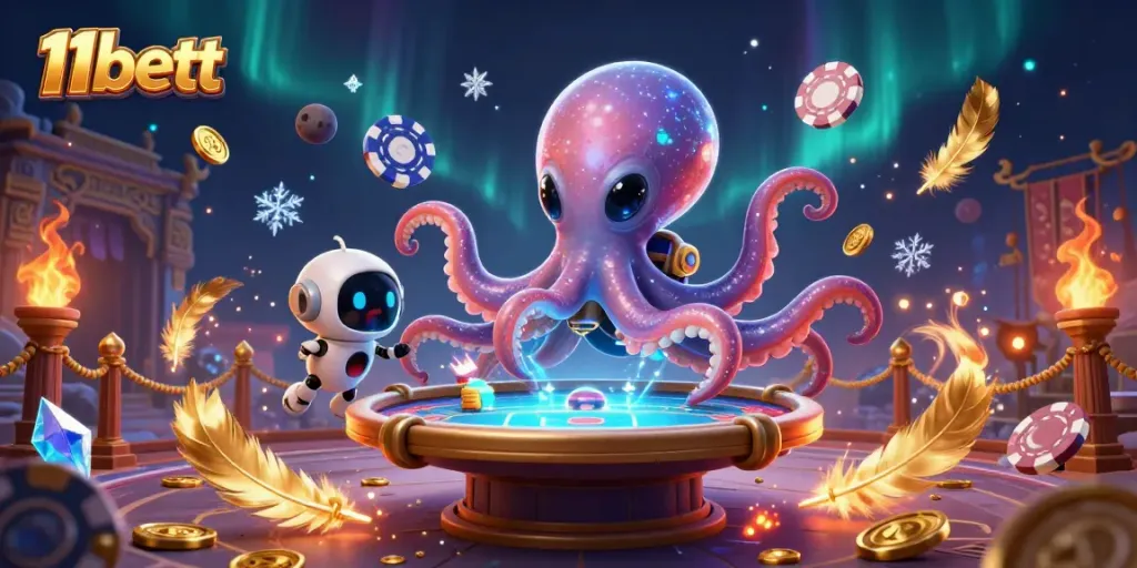 Win big at 11bett with a holographic poker table and alien characters in a vibrant casino setting.