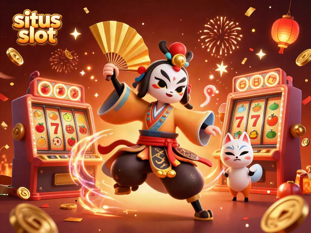 Experience the thrill of situs slot with a vibrant 3D scene showing a kabuki warrior and kitsune mask amidst slot machines.