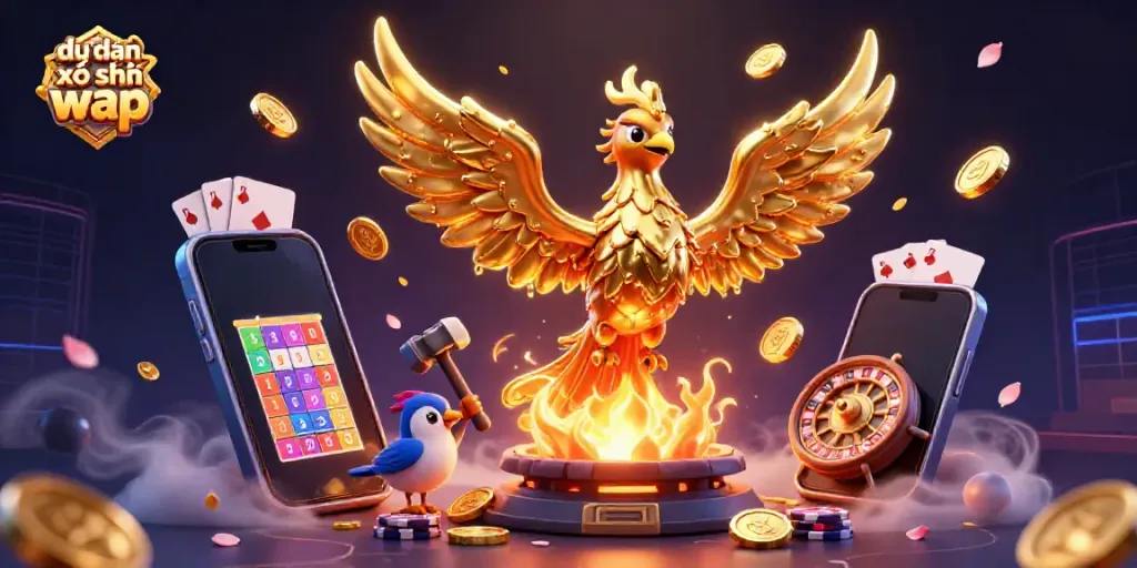 Experience the vibrant scene of dự đoán xổ số wap with a golden phoenix, lottery game elements, and dynamic illustrations.
