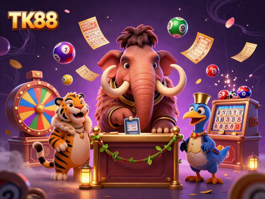 Experience vibrant gaming action at TK88 with a lavish casino scene featuring colorful lottery elements.