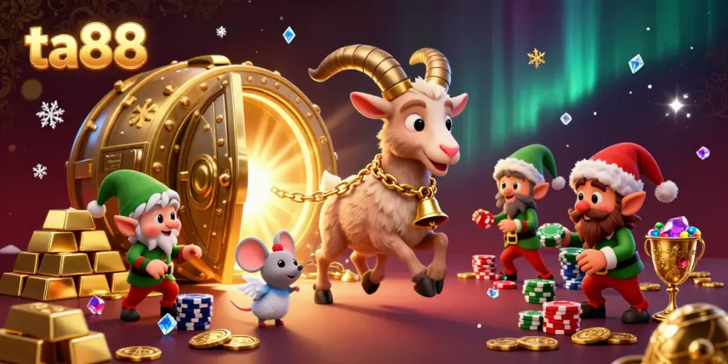 Experience the excitement of ta88 with playful characters in a vibrant casino setting, filled with treasures.