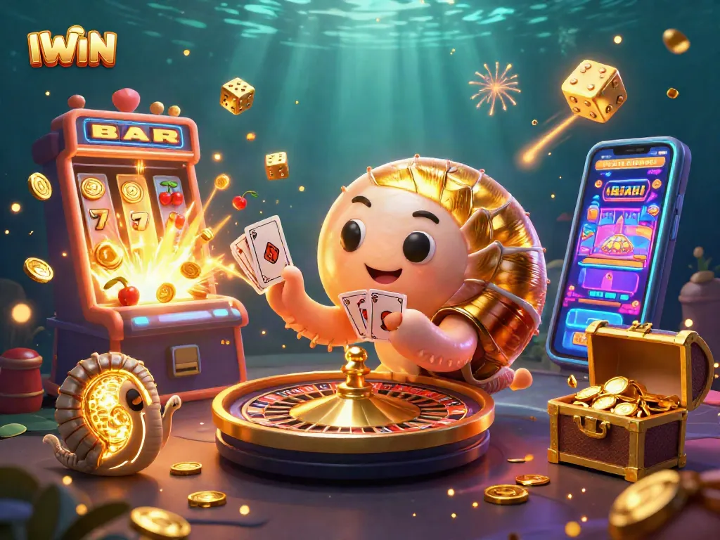 IWIN showcases an ancient nautilus roulette wheel amidst gold coins and vibrant casino elements.
