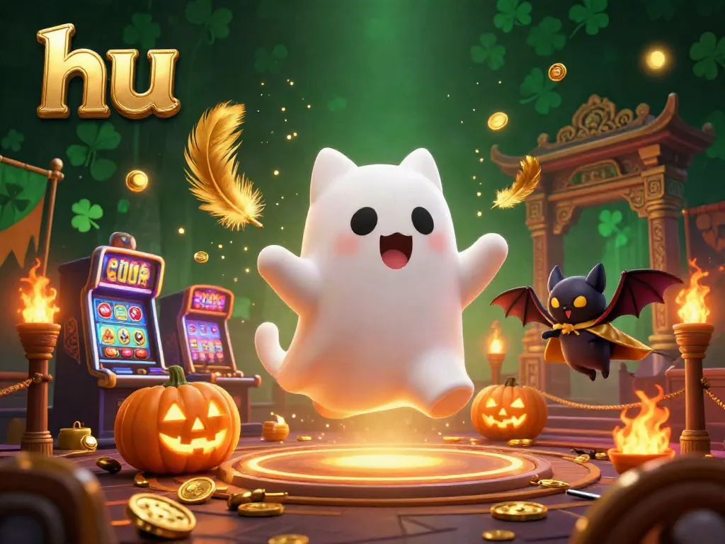 Engage with the vibrant hu casino scene featuring a ghost cat, betting tokens, and glowing jack-o-lanterns.