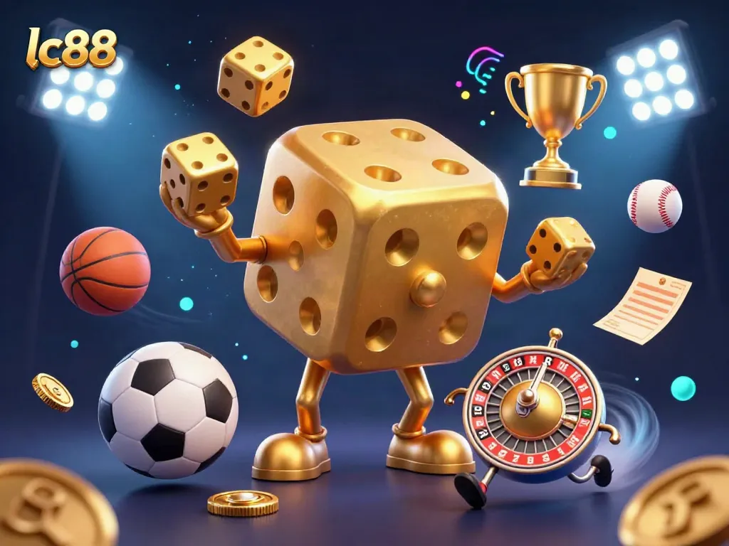 Engage with lc88's vibrant casino atmosphere featuring a golden dice golem and dynamic sports elements.