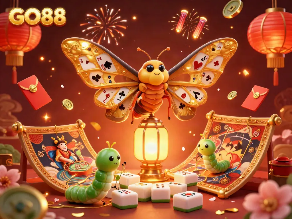 Experience GO88's vibrant casino atmosphere through a magical 3D moth illustration, full of games and celebrations.