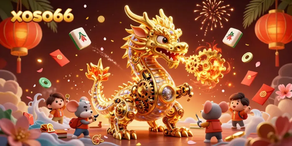 Experience the excitement at xoso66 with a vibrant 3D scene showcasing gaming elements and fantasy creatures.