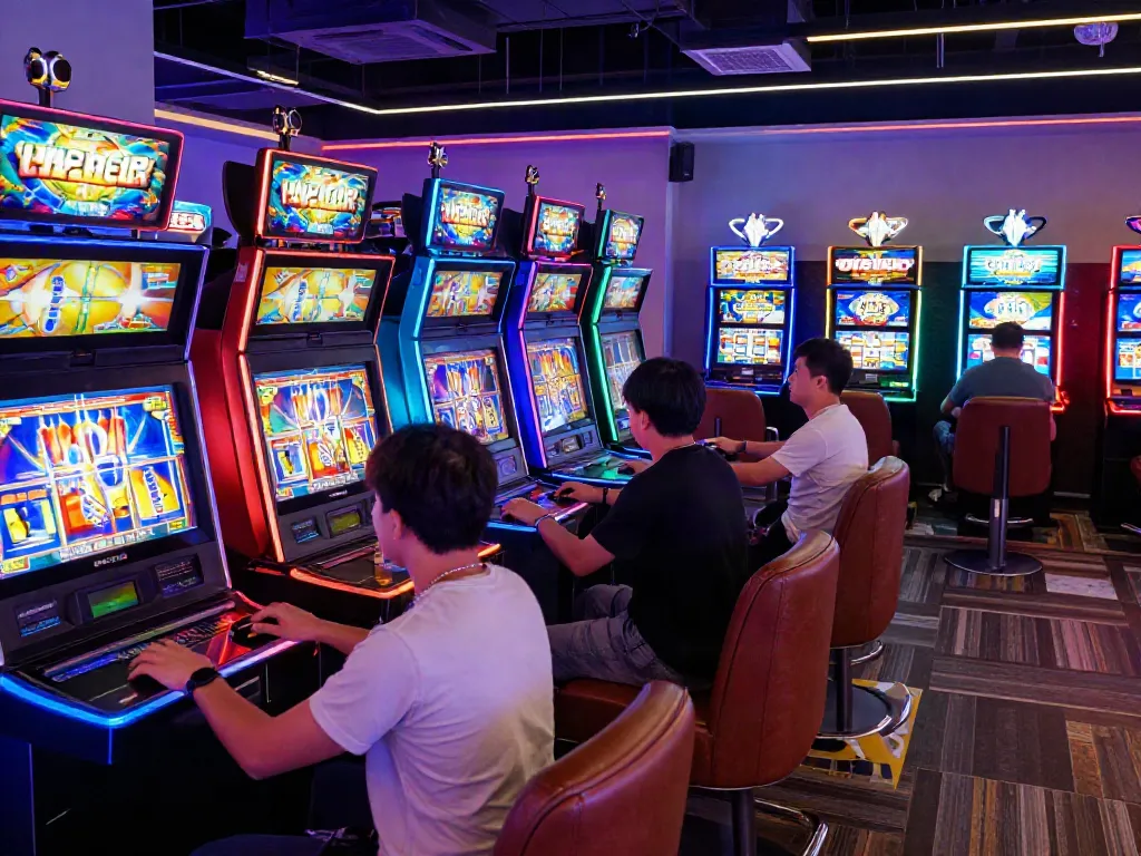 Engaging slot gaming lounge with players enjoying colorful machines and neon ambiance.