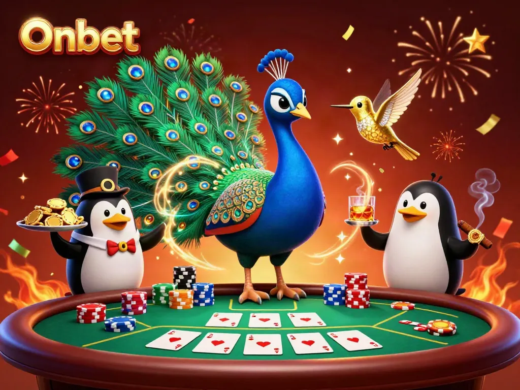 Engage in thrilling poker action with Onbet's vibrant casino scene showcasing a glamorous aristocratic peacock.