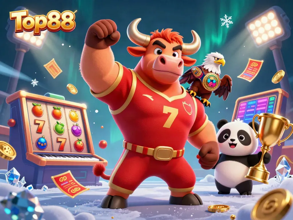 Experience winning moments with Top88 as a muscular bull mascot celebrates with a trophy.