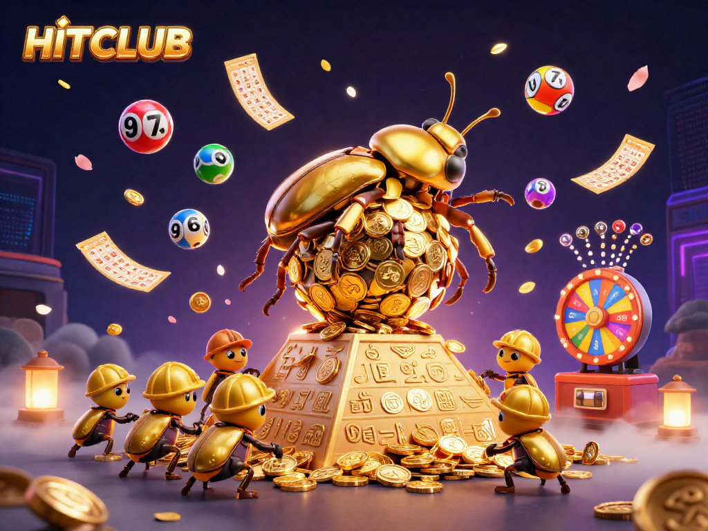 Win big with HITCLUB's dynamic gaming elements showcased in a vibrant 3D illustration.