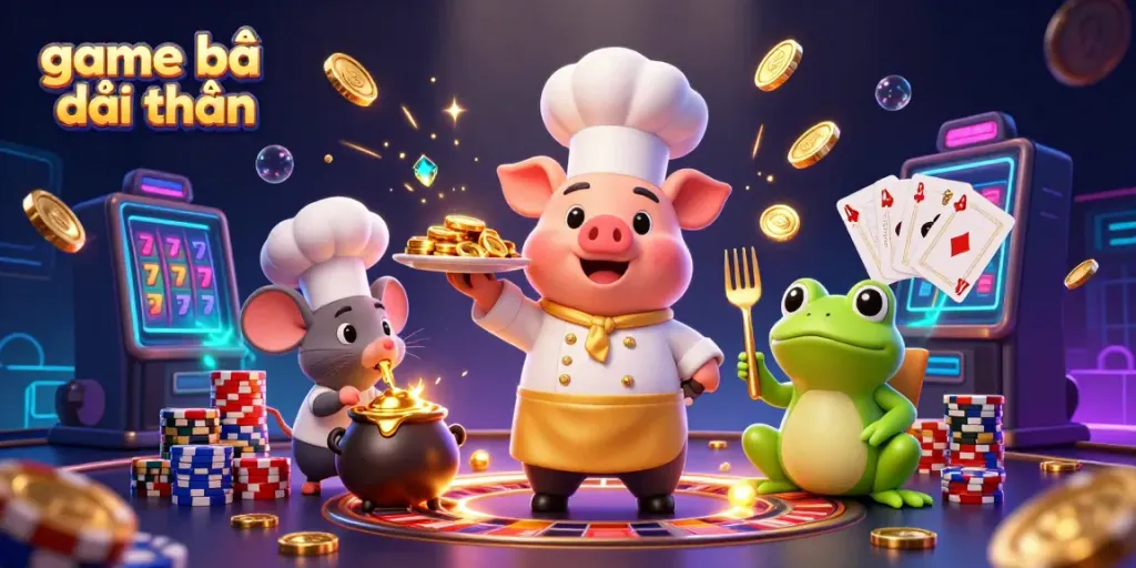 Engaging scene depicting game bài đổi thưởng with animated chef pig, tasting mouse, and critic frog amidst casino elements.