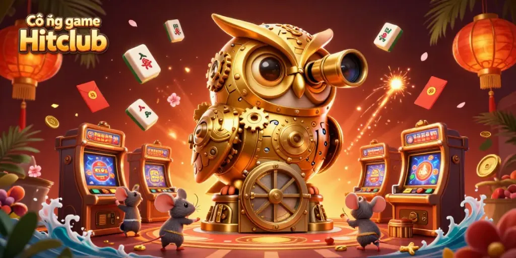 Experience diverse gaming at Cổng game Hitclub with vibrant casino-themed illustration featuring unique characters and game elements.