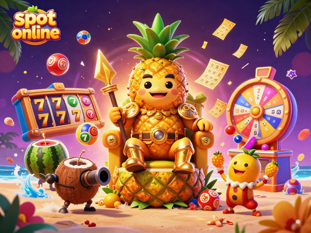 Engage with slot online excitement in a vibrant casino scene featuring the golden pineapple king and dynamic game elements.