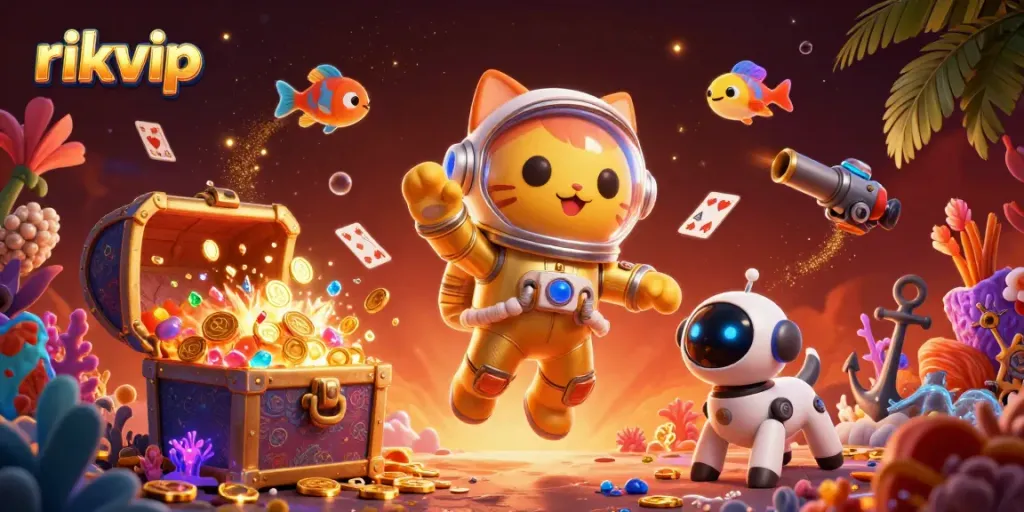 Join the exciting adventure at rikvip with a golden astronaut cat and its robot dog in a vibrant cosmic casino.