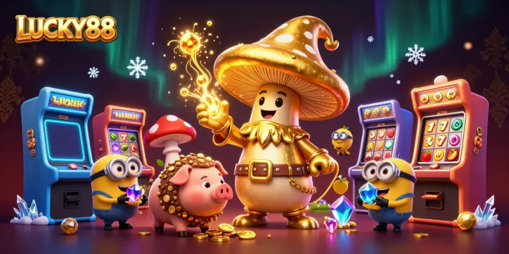 LUCKY88 offers a dynamic gaming experience with magical elements, golden treasures, and vibrant slot machines.
