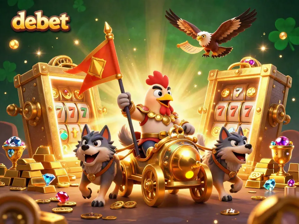 Join the debet adventure with a rooster warlord amid golden treasures and exciting slot elements.