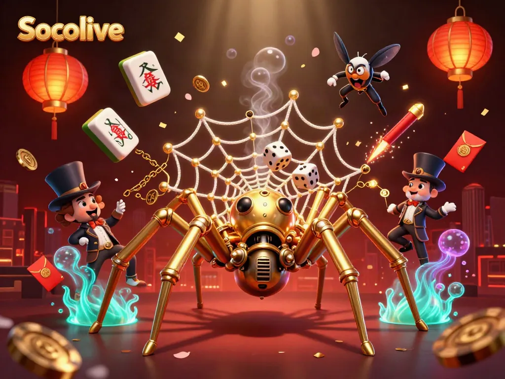 Socolive offers an exciting atmosphere of winning as a steampunk spider ensnares dice in a web of poker chips.