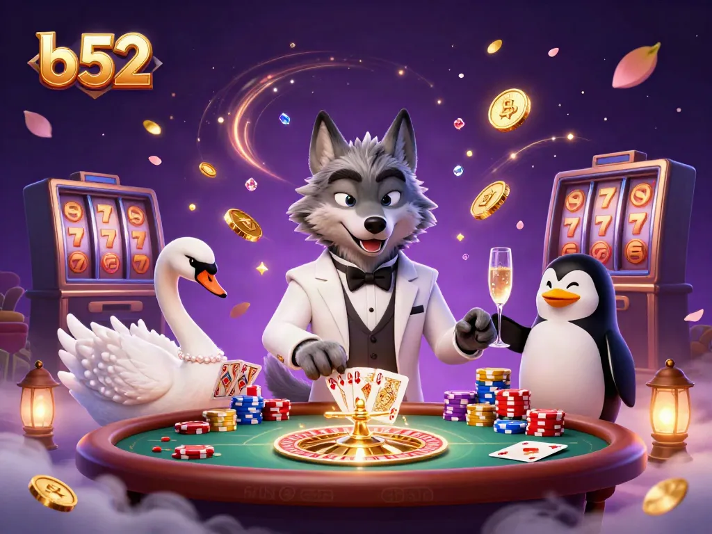 B52 excitement with a debonair wolf, elegant swan dealing cards, and a penguin sommelier in a casino extravaganza.
