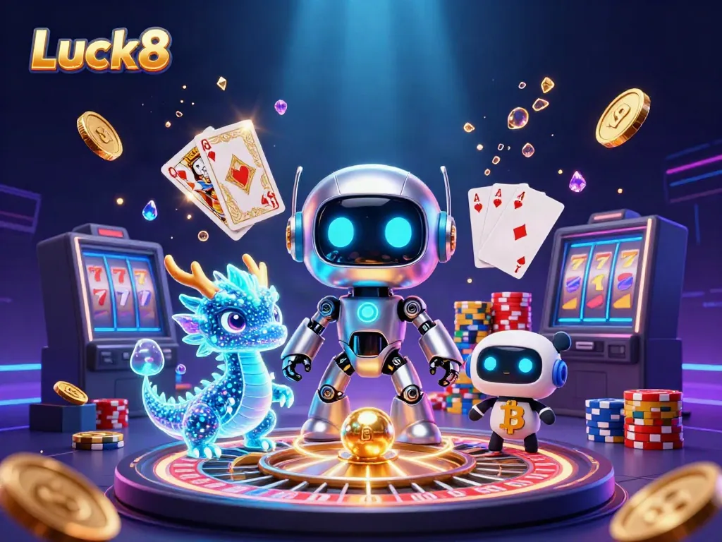 Engage in thrilling betting with Luck8's neon-themed casino illustration showcasing vibrant gaming elements.