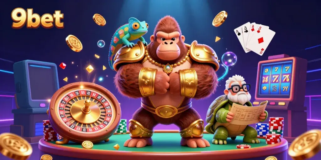 Experience the thrill of 9bet with a gorilla king in golden armor amidst casino elements.