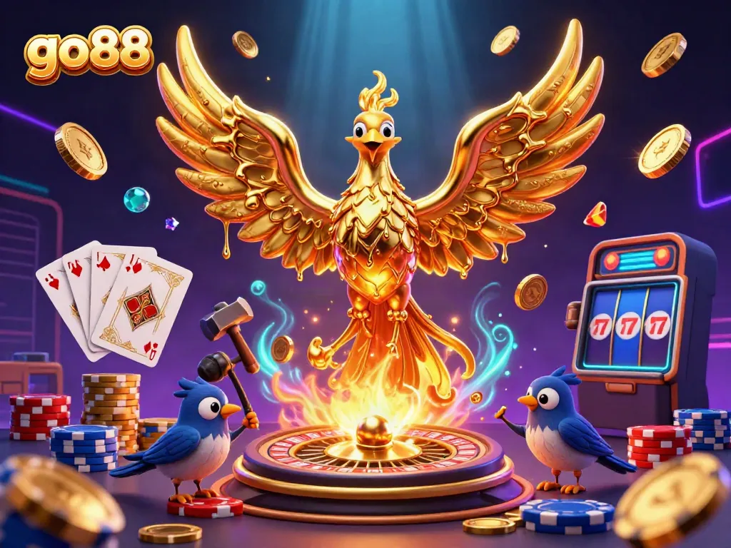 Experience the magic of go88 with a lively 3D scene showcasing casino elements and a golden phoenix.