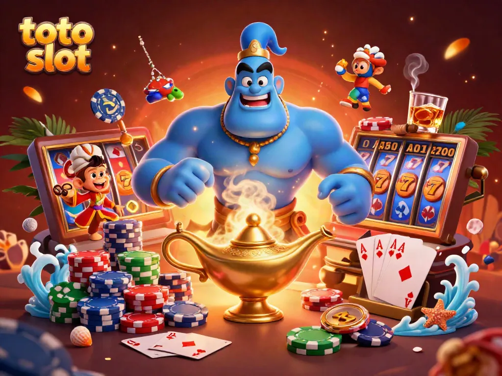 Spin and win at toto slot with a vibrant illustration of a magical genie, poker chips, and slot jackpots.