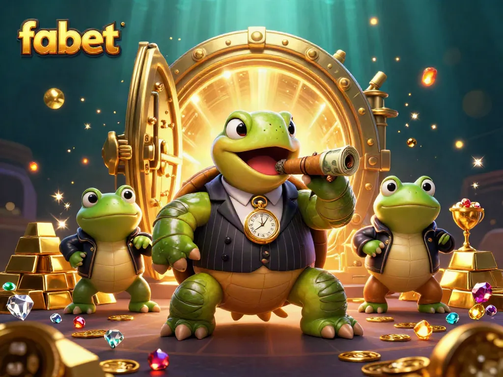 Experience fabet's thrilling casino atmosphere with a turtle mobster and bullfrog enforcers in a treasure-filled scene.