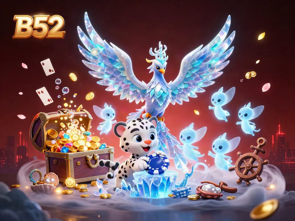 Experience the vibrant thrill of B52 with a playful ice phoenix, snow leopard, and sparkling treasures in a casino scene.