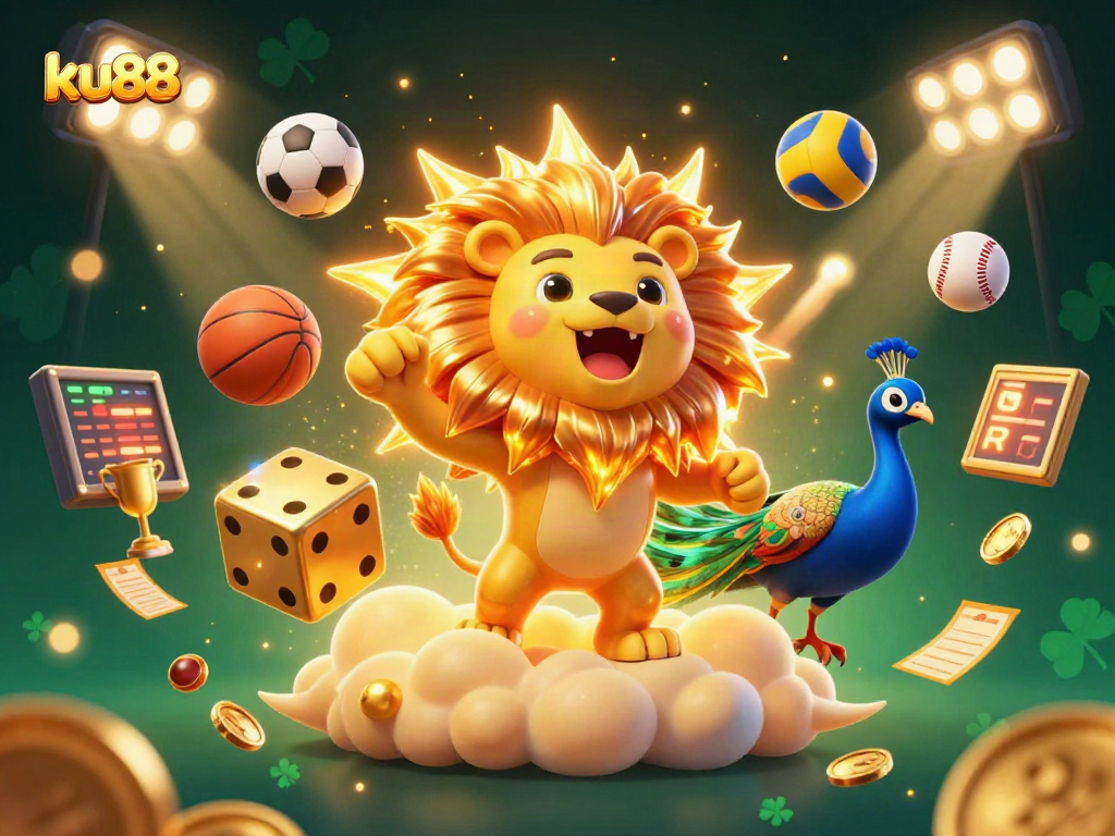 Engage in thrilling casino experiences with ku88 and a dazzling golden lion amidst dynamic gaming elements.