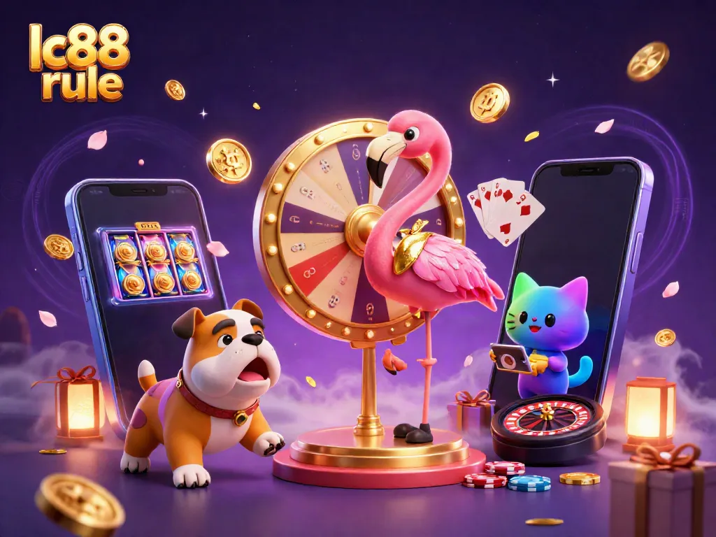 Engaging scene showcasing the lc88 rule with a flamingo game show host and excited bulldog, surrounded by casino elements.
