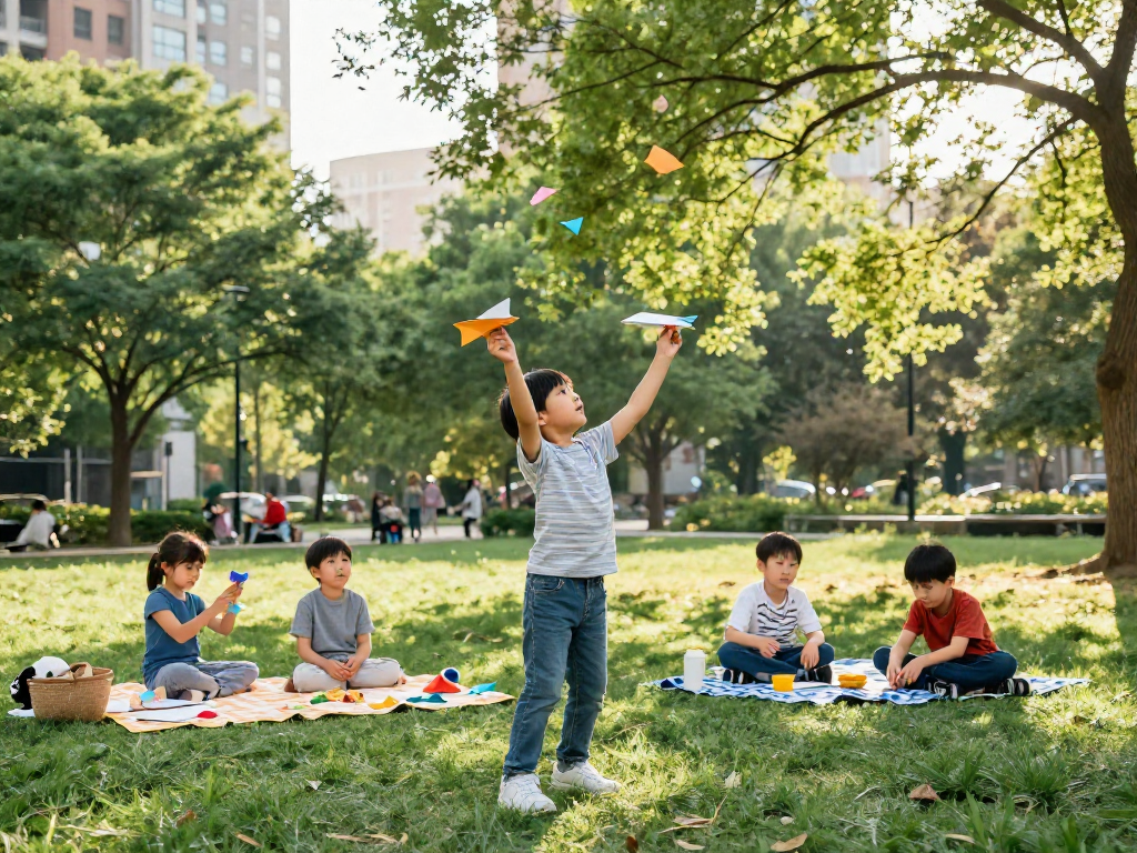 孩子在公园里放纸飞机，周围朋友欢快玩耍，夏日阳光洒满草地。